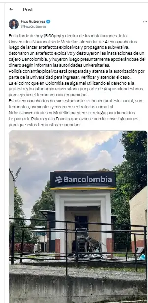 Dentro de una universidad en Medellín, encapuchados detonaron explosivos en un cajero 1 Dentro de la Nacional en Medellín, encapuchados detonaron explosivos en un cajero