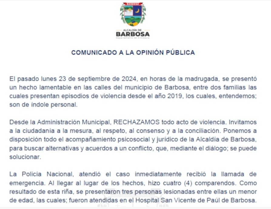 Comunicado Alcaldía de Barbosa