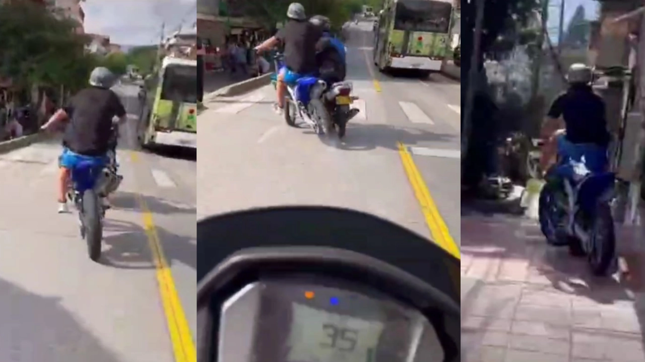 ¡A toda velocidad por el carril del Metroplús y sin placas! graban a motociclista imprudente en Manrique la 45