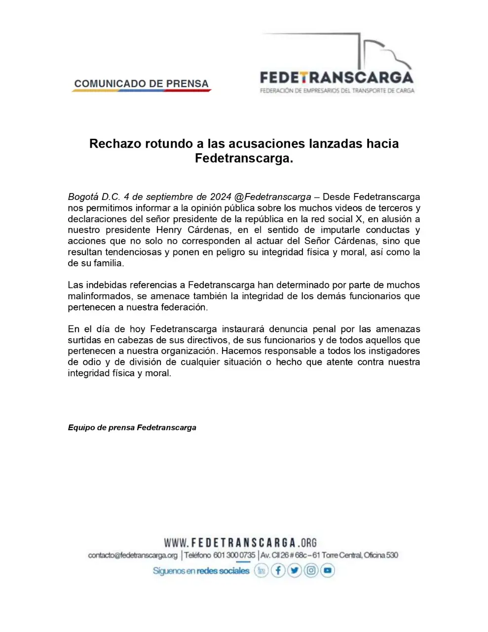 comunicado fedetranscarga