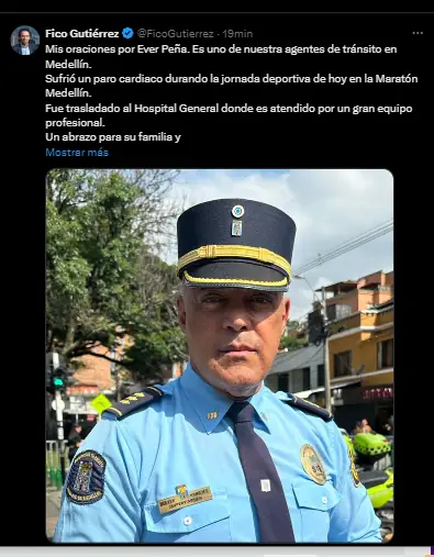 Piden oraciones por Ever Peña, agente de tránsito que sufrió un paro cardíaco durante la Maratón Medellín 1 Piden oraciones por Ever Peña, agente de tránsito que sufrió un paro cardiaco durante la Maratón Medellín