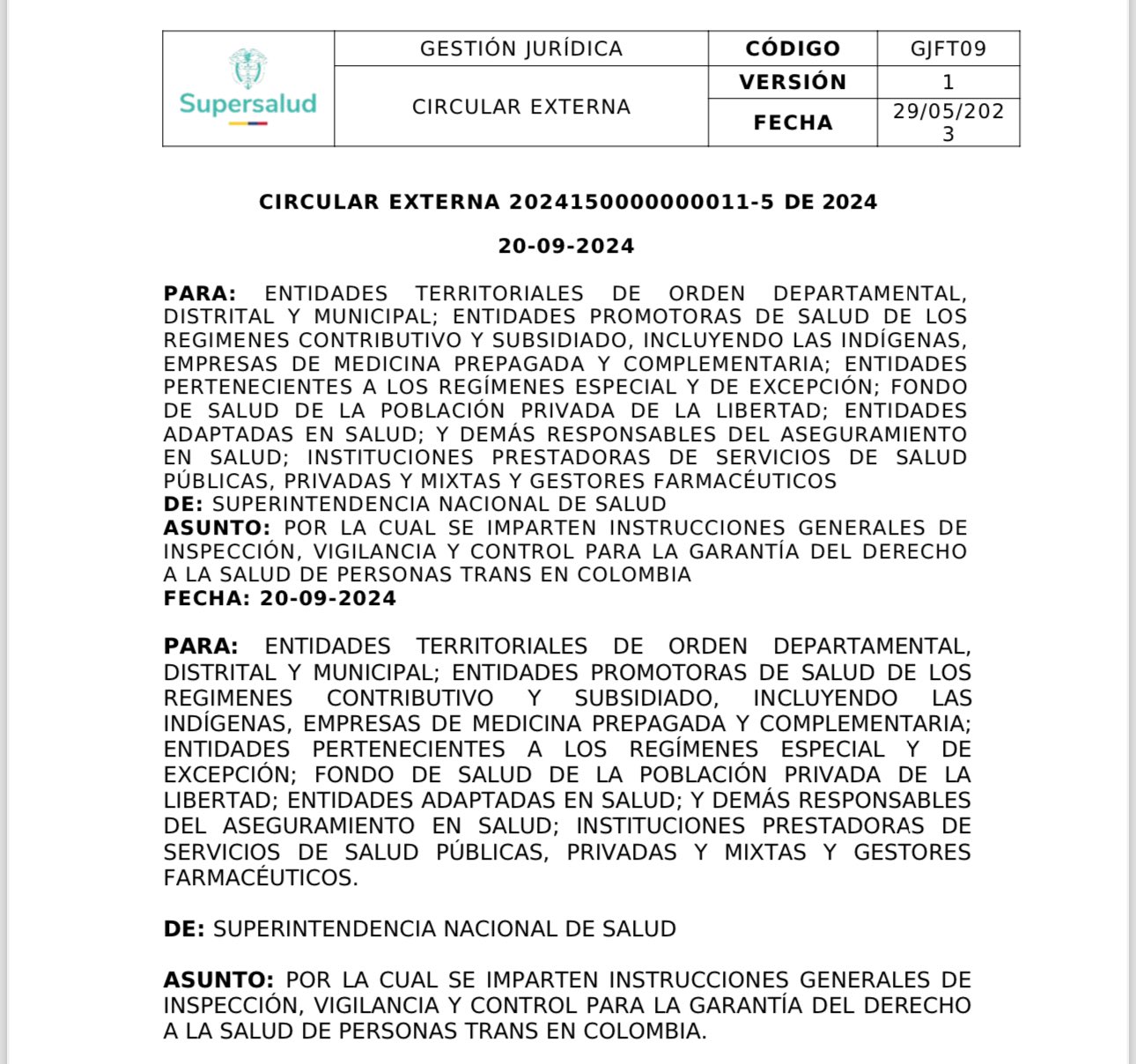 ¿Qué dice la circular de la Superintendencia de Salud emitida para darle accesibilidad en salud a la población Trans? 1 GY7zMkfWgAAEfbg