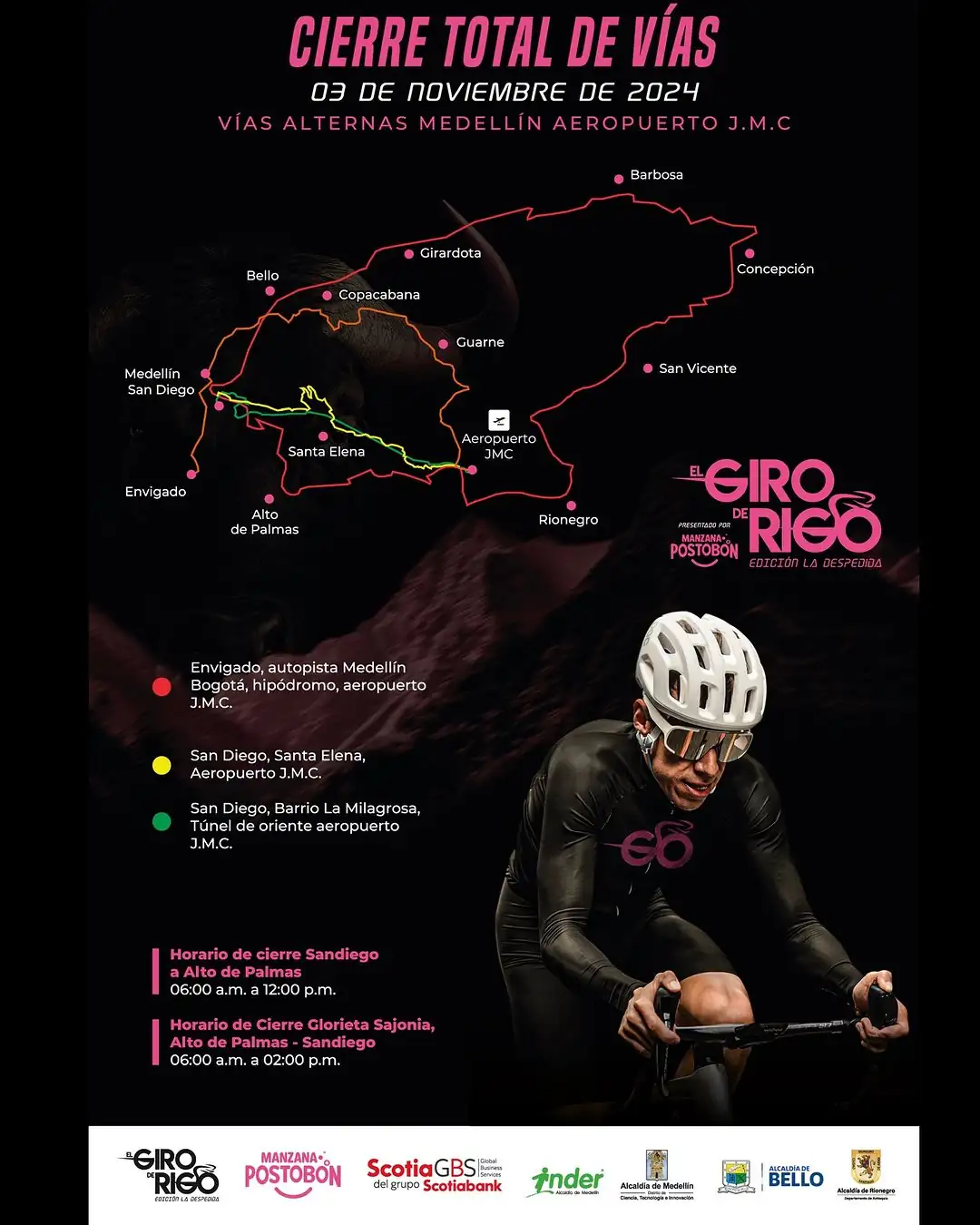 Atención: estos son los cierres viales en Antioquia por el Giro de Rigo