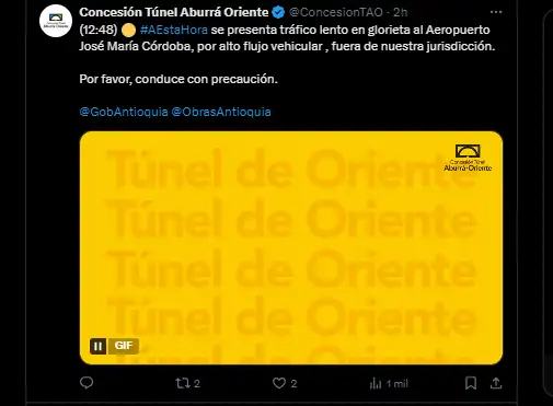 ¡Atención! Reportan movilidad lenta en la vía que va de Medellín Aeropuerto Internacional José María Córdova