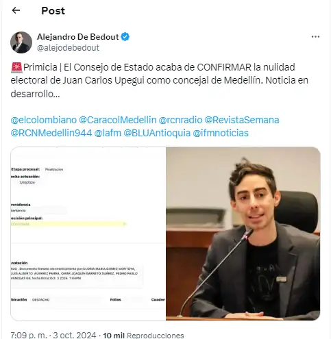 Juan Carlos Upegui pierde su curul: Consejo de Estado confirma nulidad electoral