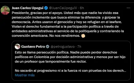 “Esto se llama persecución política”: Petro al respaldar a Upegui 2 “Esto se llama persecución política”: Petro al respaldar a Upegui
