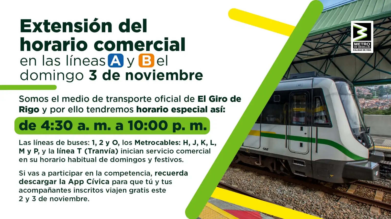 Metro de Medellín amplía horario para El Giro de Rigo