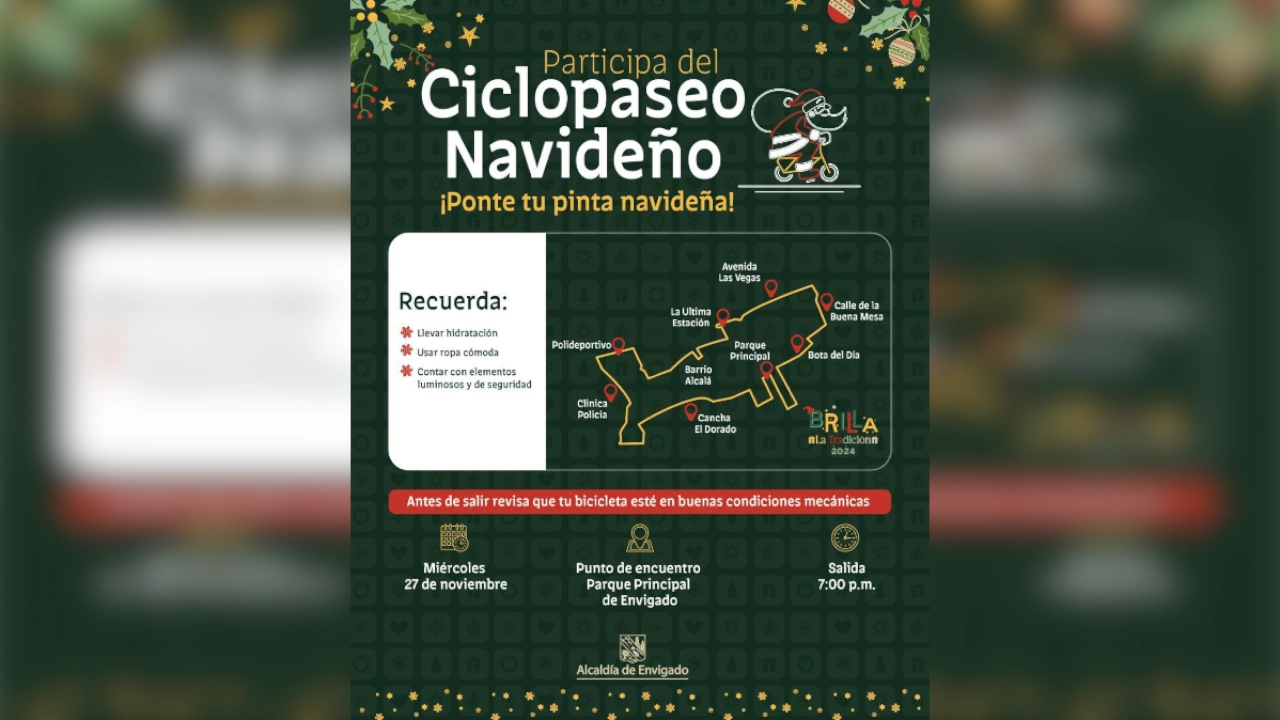 Se trata del ciclopaseo navideño que partirá del Parque Principal de Envigado el 27 de noviembre desde las 7:00 p.m.