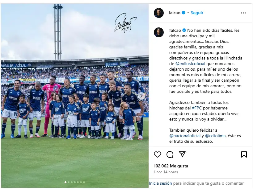 Emotivo mensaje de Radamel Falcao a los hinchas de Millonarios, ¿será una despedida? 1 Falcao-Instagram