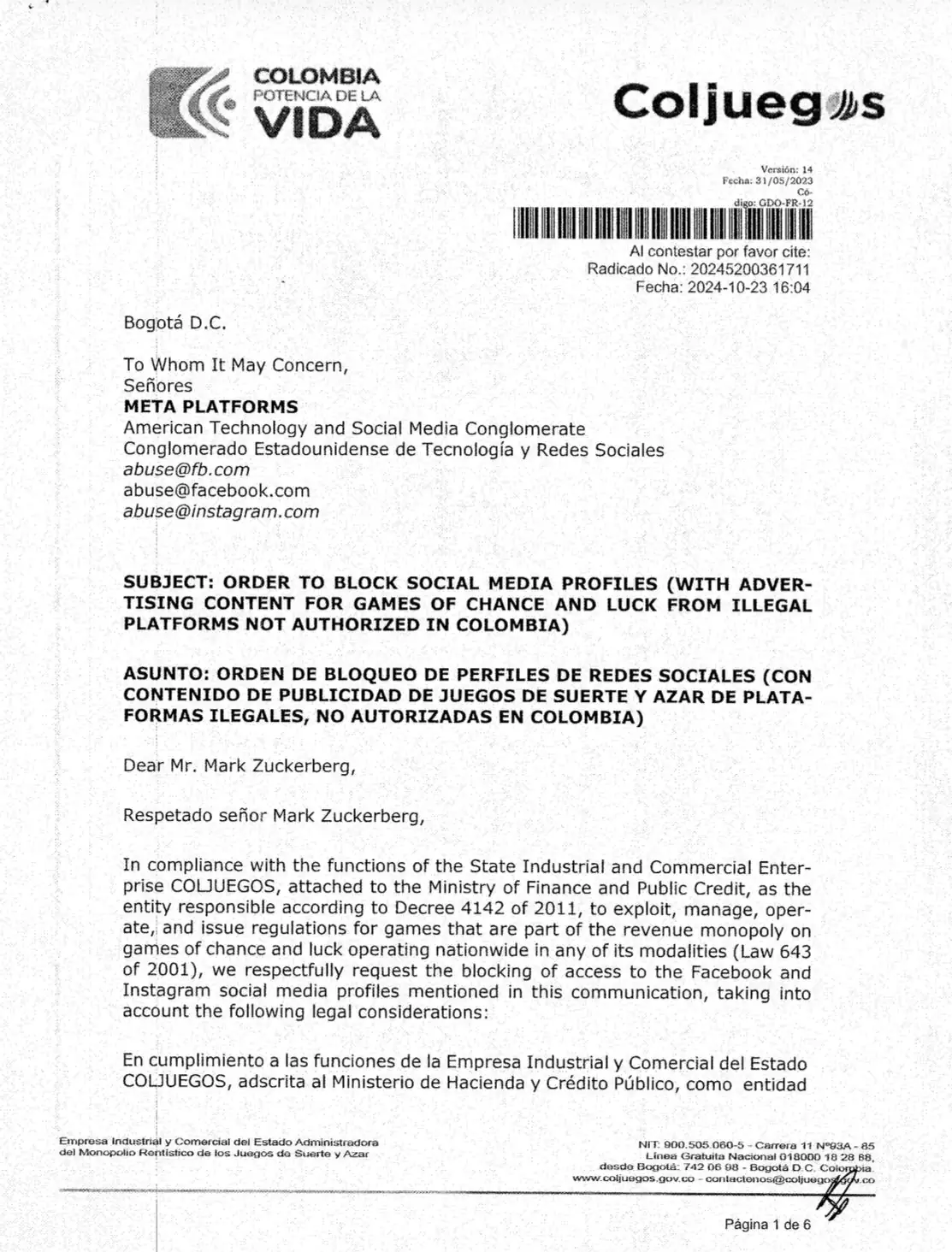 Coljuegos solicita a Meta bloquear cuentas de ´influencers´ por promover apuestas no autorizadas 1 carta-1