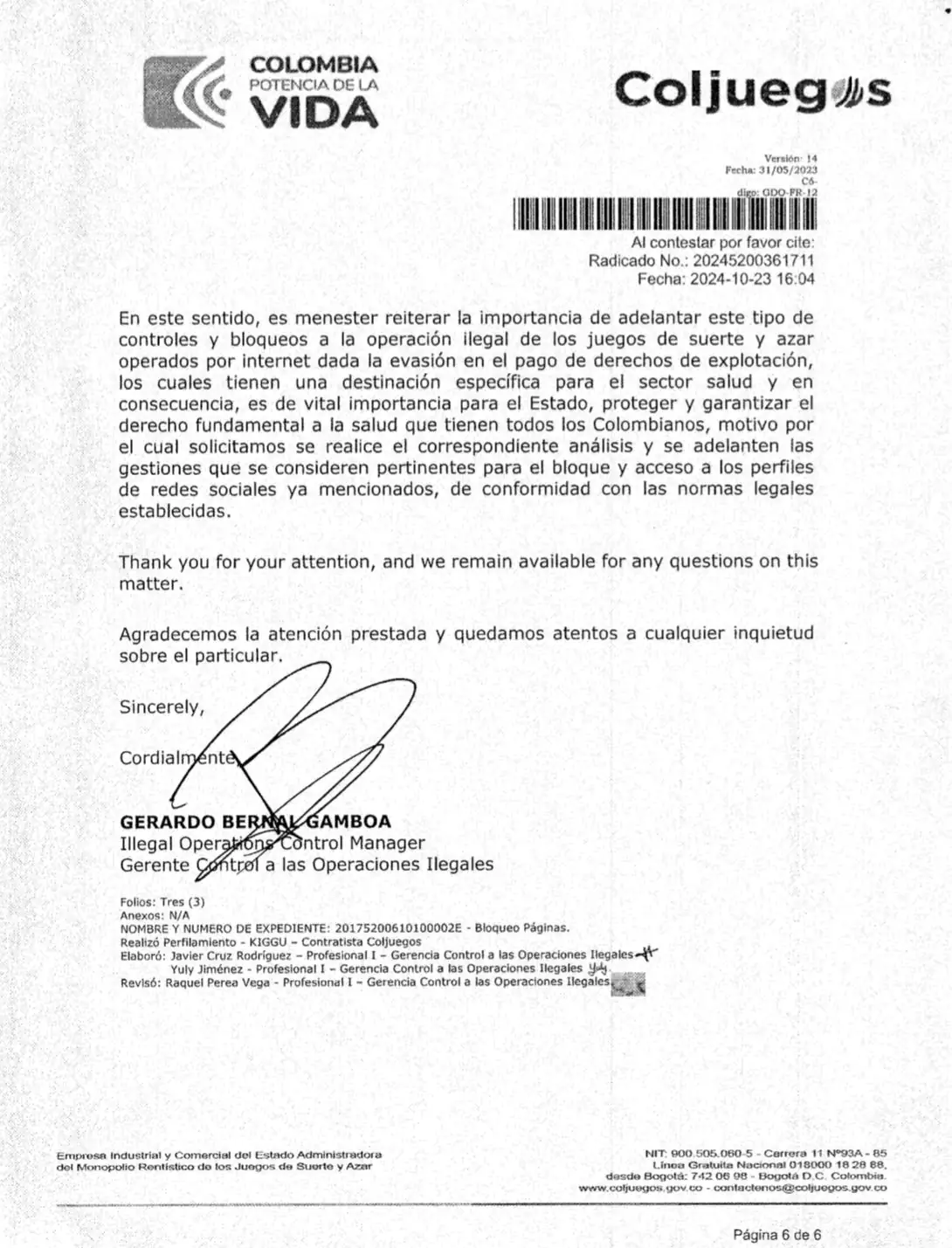 Coljuegos solicita a Meta bloquear cuentas de ´influencers´ por promover apuestas no autorizadas 2 carta-2
