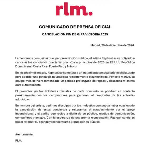 El cantante Raphael padece un linfoma cerebral: cancela los conciertos de 2025 1 comunicado-salud-de-Raphael
