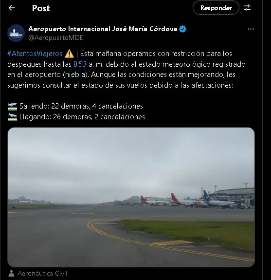 Aeropuerto de Rionegro reporta 48 vuelos con retrasos y cancelaciones 1 El aeropuerto confirmó las afectaciones en los vuelos