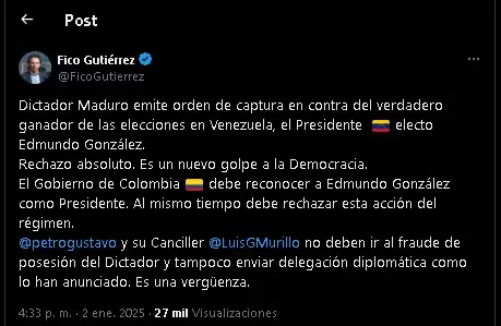 Alcalde de Medellín rechaza orden de captura contra Edmundo González: 