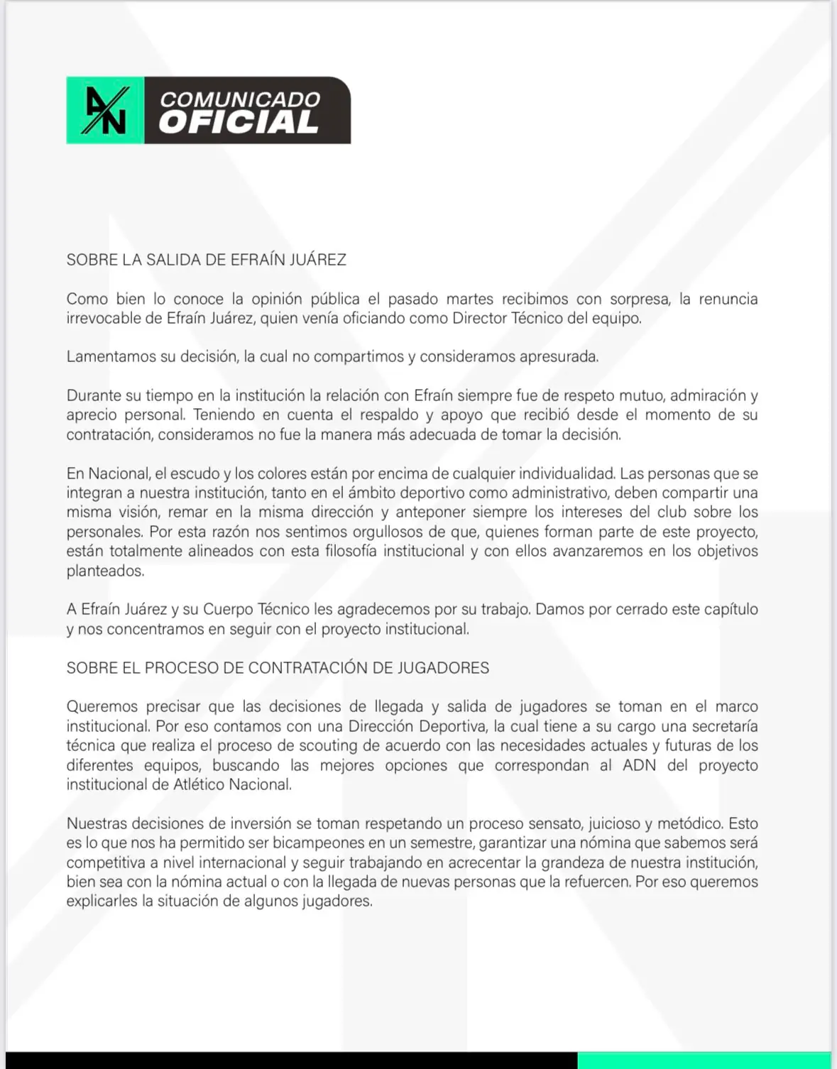 Atlético Nacional se pronuncia sobre la salida de Efraín Juárez y el proceso de contrataciones