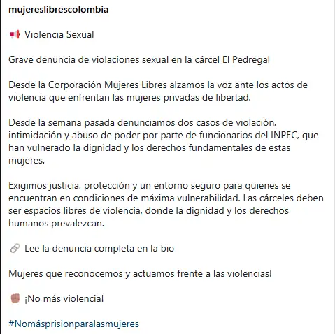 "Me llamó llorando una interna" Defensor de DDHH sobre presunto abuso de guardias del Inpec a reclusas de El Pedregal 1 denuncia