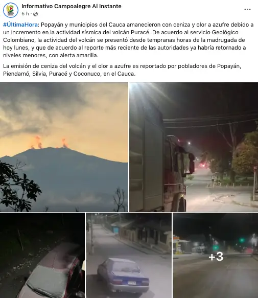 Volcán Puracé genera alarma en el Cauca: reportan temblores, caída de ceniza y un fuerte olor a azufre 1 volca-purace