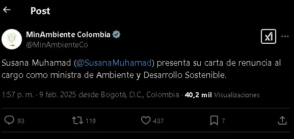 Ministra de Ambiente, Susana Muhamad, presentó su renuncia