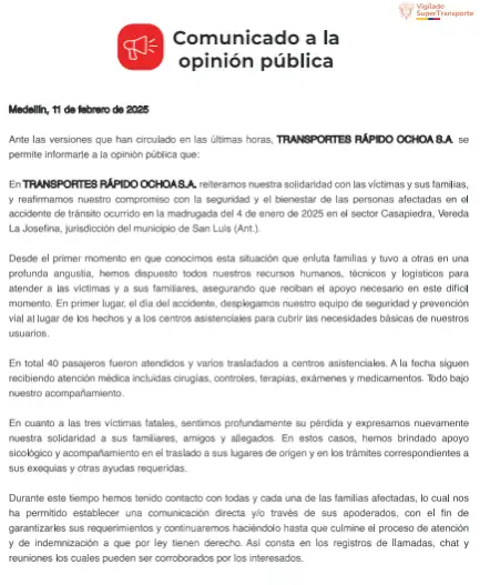 Empresa de transporte responde a señalamientos tras accidente en la vía Medellín-Bogotá