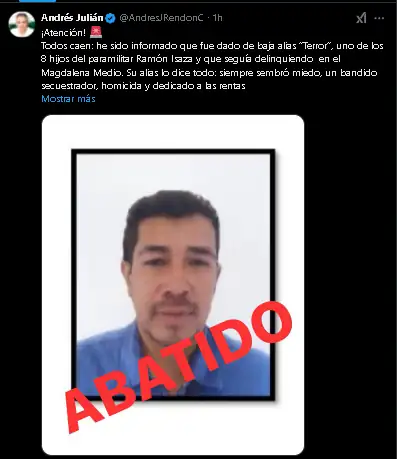 Gobernador de Antioquia confirma la muerte de alias “Terror” en acción policial