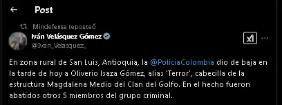 Gobernador de Antioquia confirma la muerte de alias “Terror” en acción policial