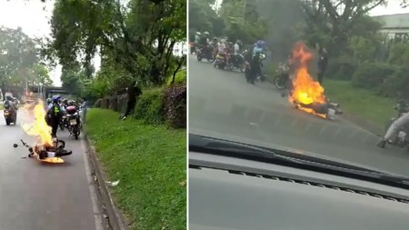 ¡Muy alebrestado! En Medellín, motociclista agredió a agente de tránsito y a otros conductores