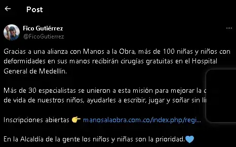 Más de 100 niños recibirán cirugías gratuitas en Medellín: Alcalde 