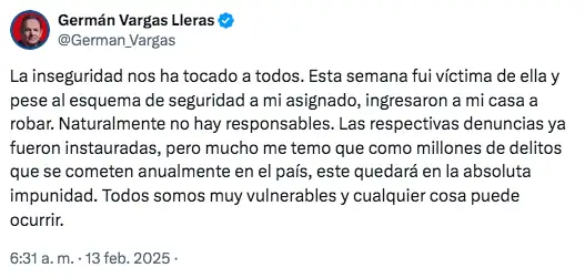 Germán Vargas Lleras fue víctima de hurto a su vivienda. Esto es lo que se conoce 1 trino-hurto-german-vargas