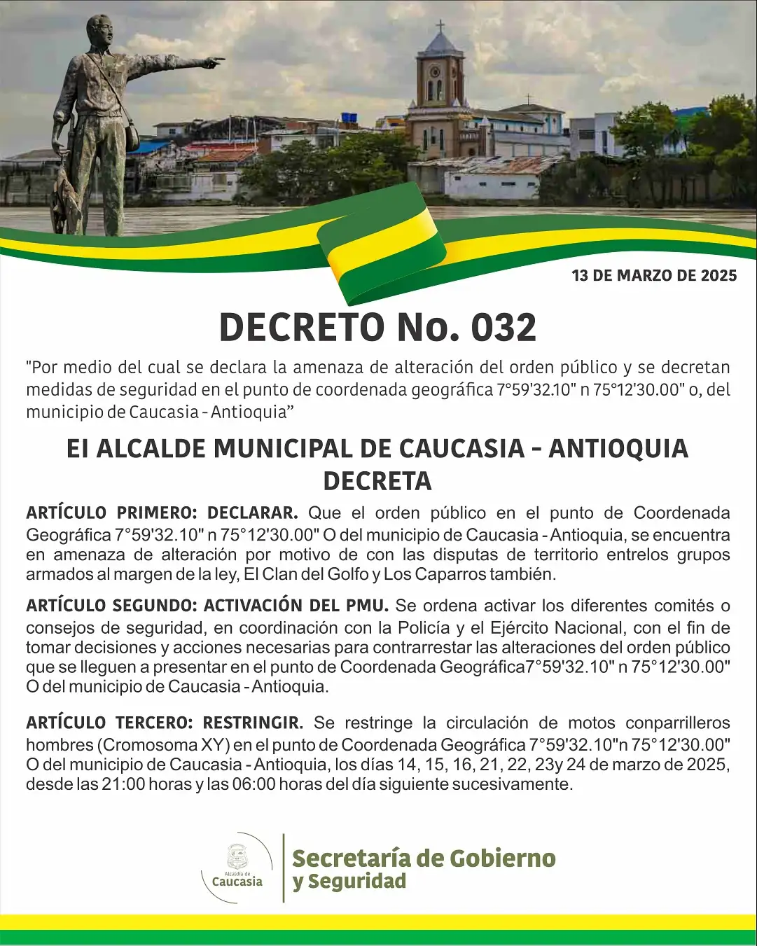 Alcaldía de Caucasia decreta Toque de queda y otras restricciones ante riesgo de alteración del orden público