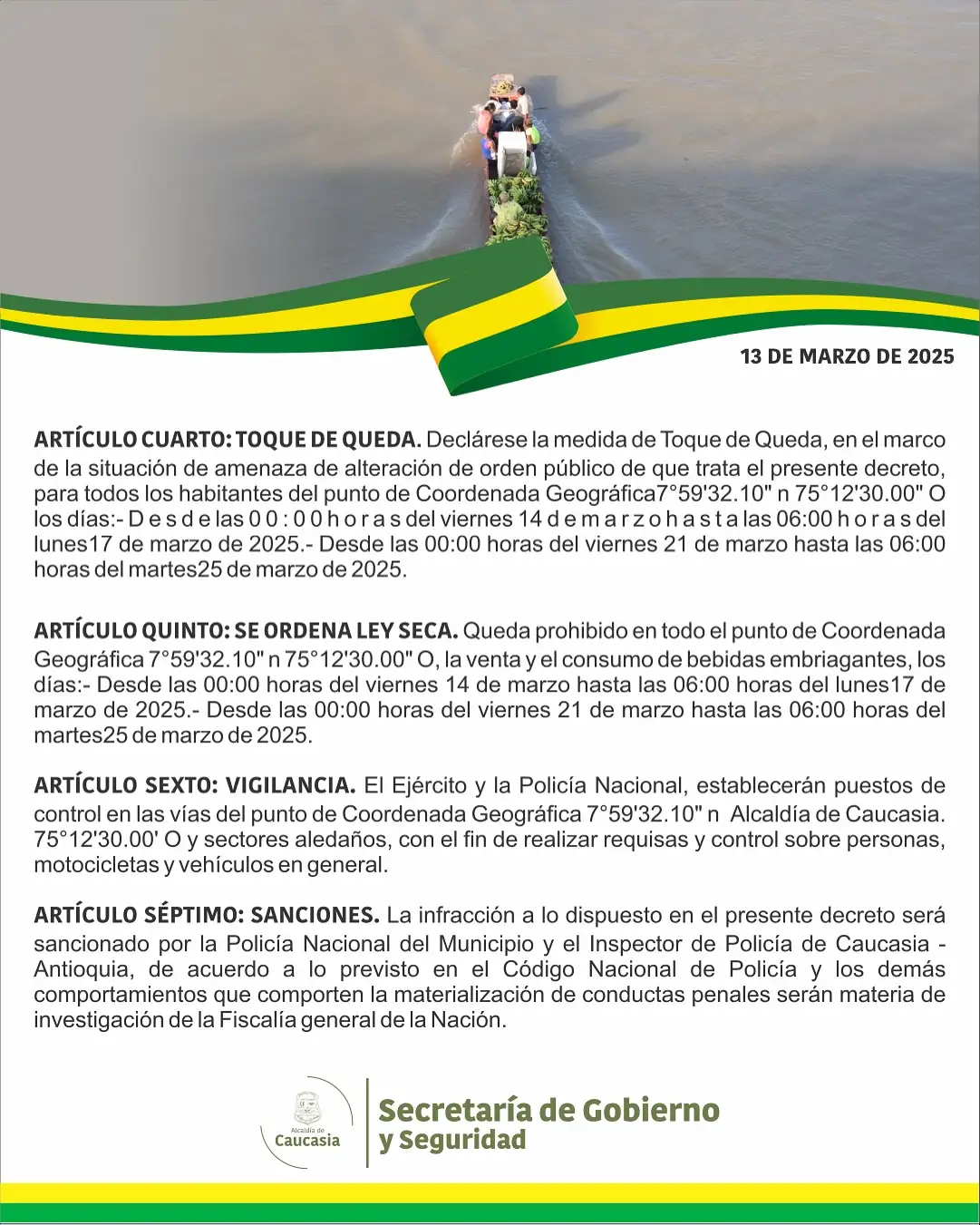 Alcaldía de Caucasia decreta Toque de queda y otras restricciones ante riesgo de alteración del orden público