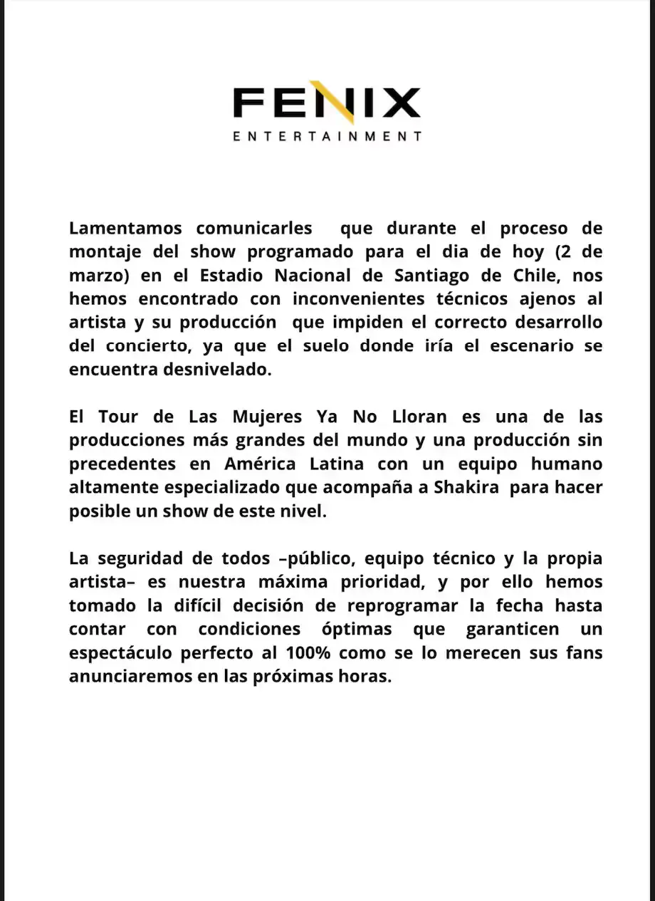 Cancelan otro concierto de Shakira, esta vez en Santiago de Chile