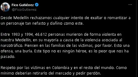 Federico Gutiérrez rechaza la comercialización del vodka Pablo Escobar