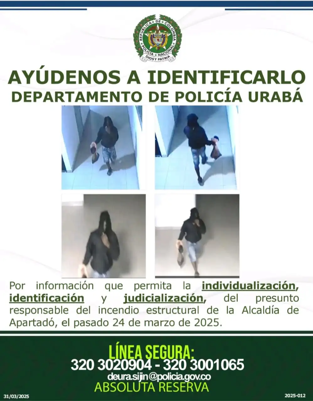 Difunden imágenes del sospechoso de causar incendio en la Alcaldía de Apartadó
