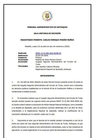 Tribunal de Antioquia ordena suspensión inmediata de candidatura de Héctor Rangel a la Alcaldía de Apartadó