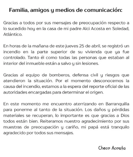 Incendio en la casa de Alci Acosta: fueron necesarias dos máquinas del Cuerpo de Bomberos para controlar el fuego 1 Comunicado-checo-acosta