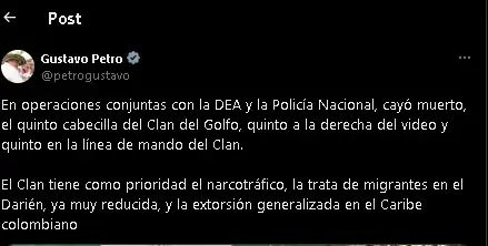 Murió alias “Chirimoya”, uno de los presuntos cabecillas del Clan del Golfo durante enfrentamiento con la Policía