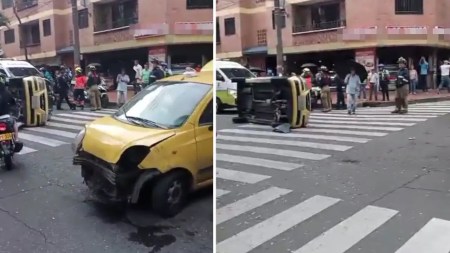 Se volcó un taxi en el centro de Medellín y hay una persona lesionada