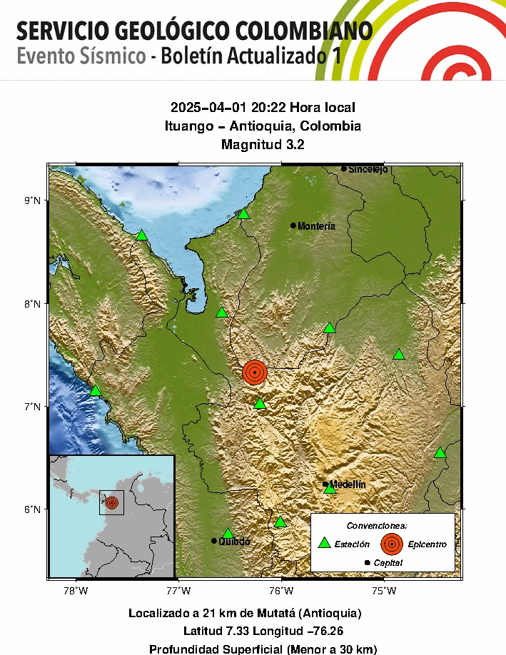 ¡Empezó movidito el mes! Un nuevo reporte de temblor se registró en Antioquia con epicentro en Ituango 1 Temblor-Ituango