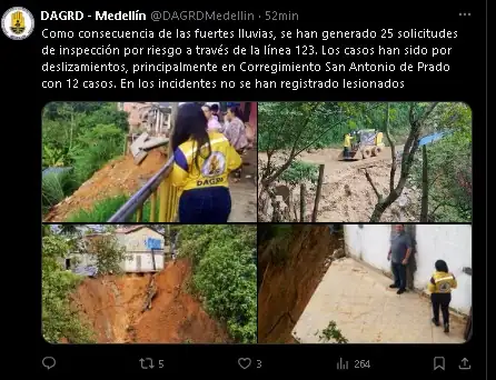 Lluvias en Medellín dejan 25 reportes por deslizamientos: San Antonio de Prado con más casos