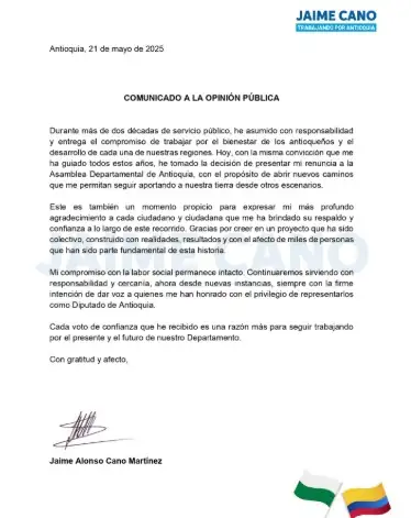 Jaime Cano deja oficialmente su curul como diputado de Antioquia