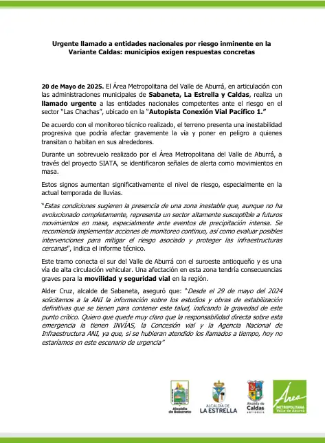 Alerta por inestabilidad en la Variante Caldas: municipios piden acción inmediata del Gobierno Nacional