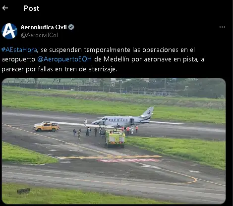 Aeronave sufrió falla en plena pista y detuvo temporalmente las operaciones en el aeropuerto de Medellín