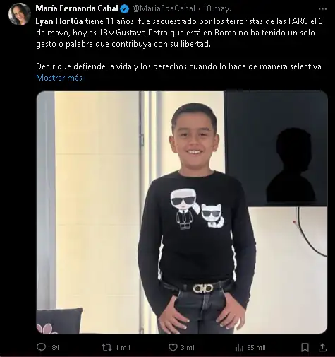 El niño Lyan sigue secuestrado y la senadora Cabal denuncia abandono del Estado