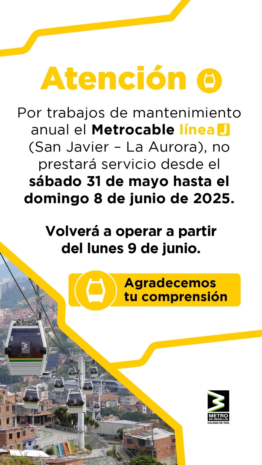 ¡Pilas! Líneas del Metrocable estarán en mantenimiento y tendrán interrupción en sus servicios, conozca las fechas 4 Metrocable linea J