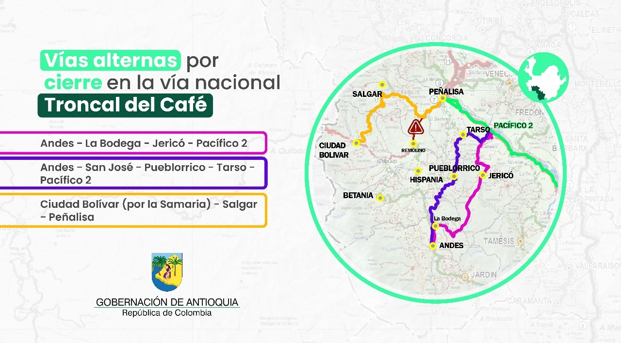 Continúa cerrada la vía en el Suroeste antioqueño por deslizamiento: siete municipios están incomunicados 1 Vías-alternas