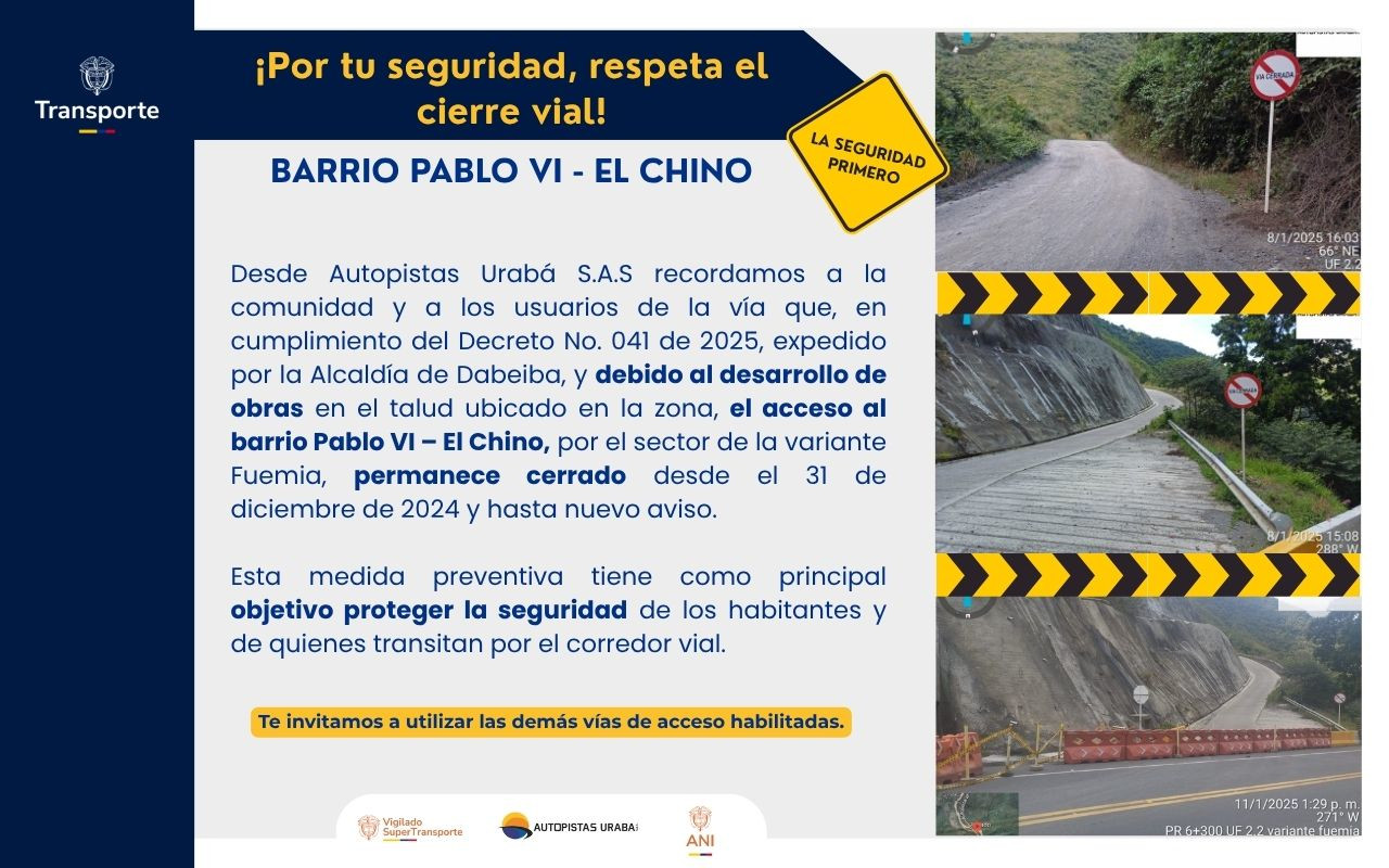 ¡Atención! Reportan desvío obligatorio en la vía Medellín – Urabá por obras en talud