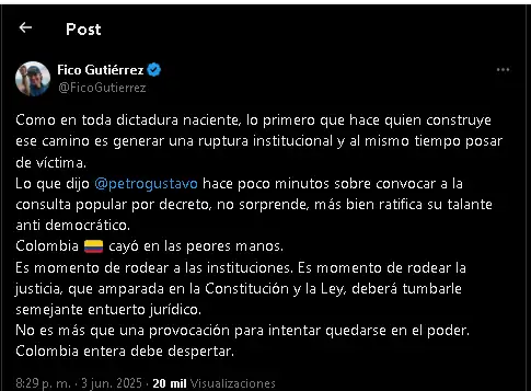 Federico Gutiérrez sobre consulta por decreto: “Colombia cayó en las peores manos” 1 Alcalde de Medellín se pronuncia luego que Petro anunciará que presentará la consulta por decreto
