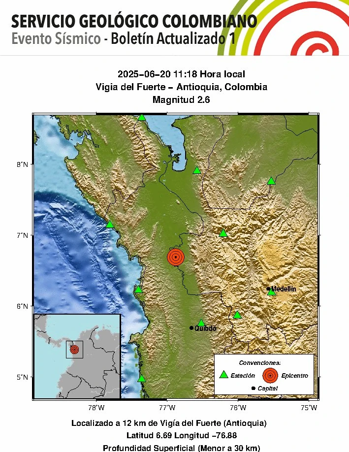 ¡Estuvo suave! Un nuevo reporte de temblor se registró en Antioquia con epicentro en Vigía Fuerte 1 Reporte 1