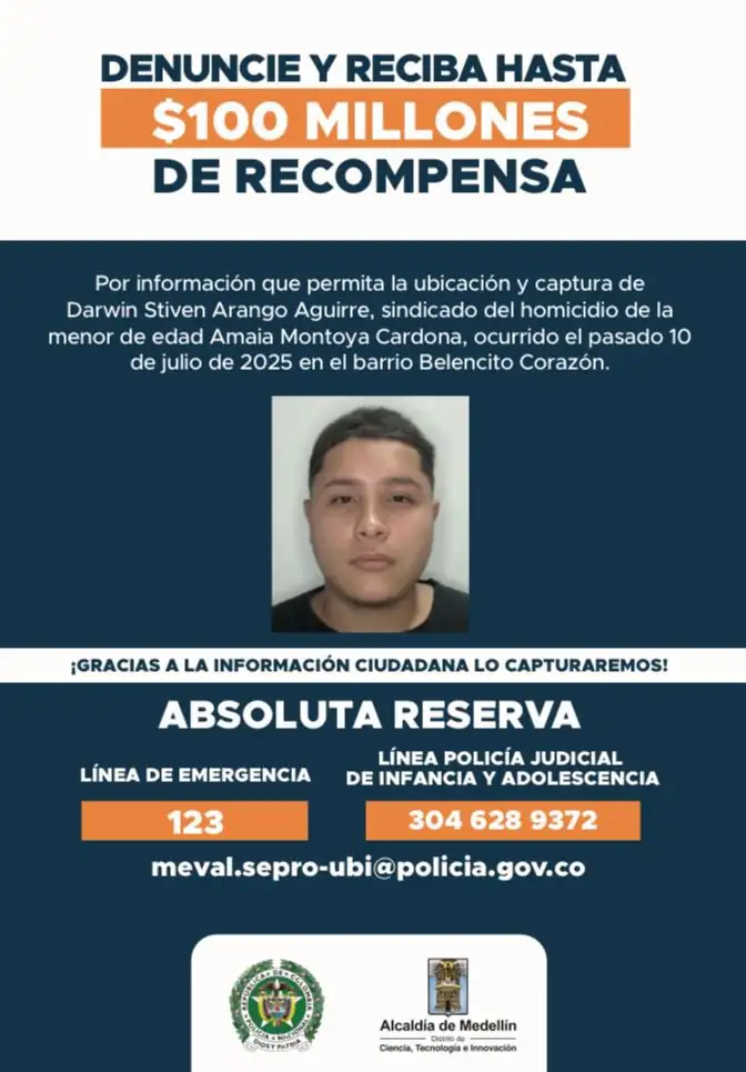 Ofrecen hasta $100 millones por información sobre presunto responsable de la muerte de una bebé en Medellín 1 Ofrecen hasta $100 millones por información sobre presunto responsable de la muerte de una bebé en Medellín