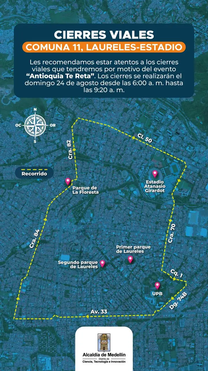 Cierres viales en Medellín este domingo, 24 de agosto, por eventos deportivos y culturales